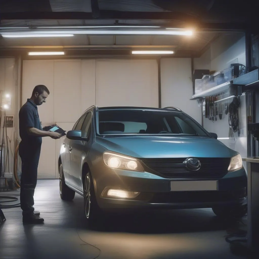 A mechanic using a dealer scanner to diagnose a car