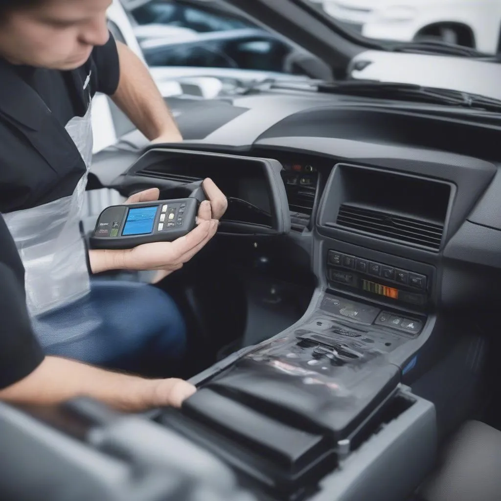 A dealer scanner for European cars, showing its connections to a vehicle's diagnostic port