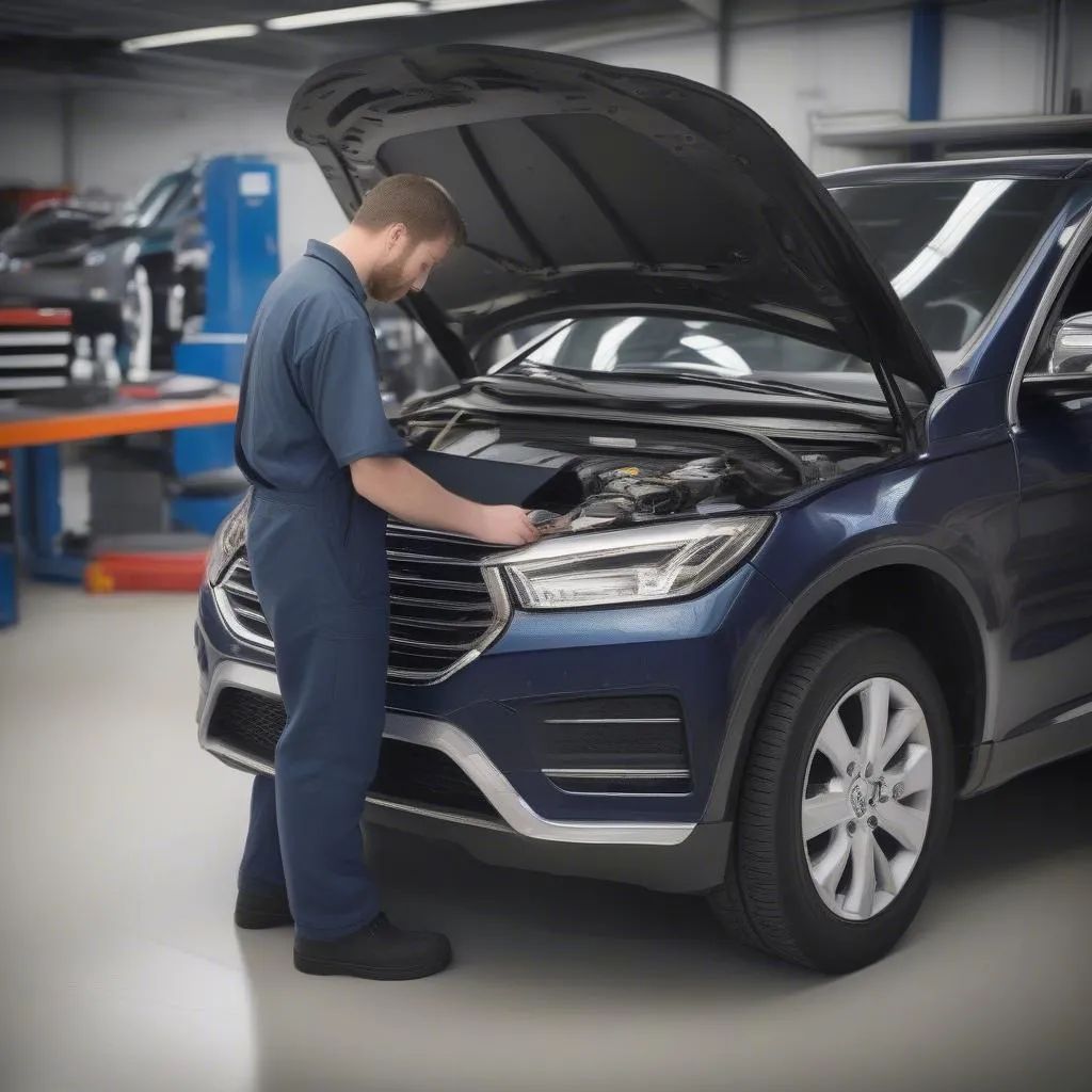 A mechanic using a dealer scanner to diagnose a European car