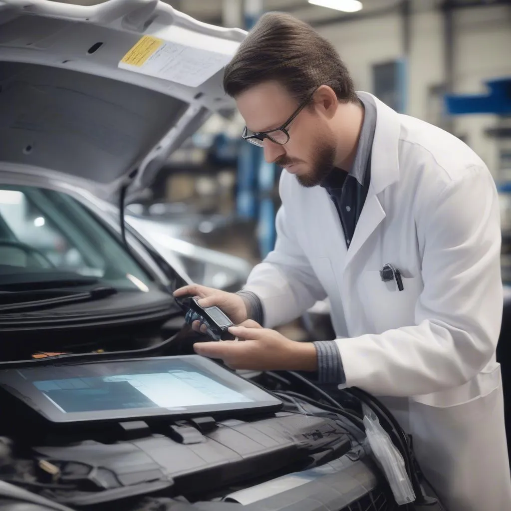 A Mechanic using a Dealer Scanner to diagnose a European car