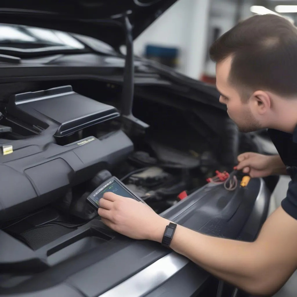 A mechanic using a dealer scanner to diagnose an Audi A4