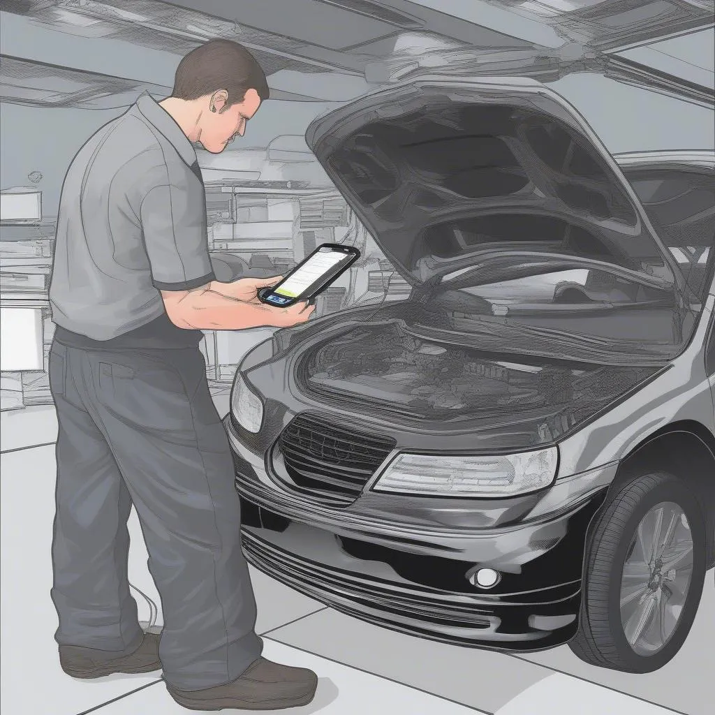 A Mechanic Using a Dealer Scanner to Diagnose a European Car