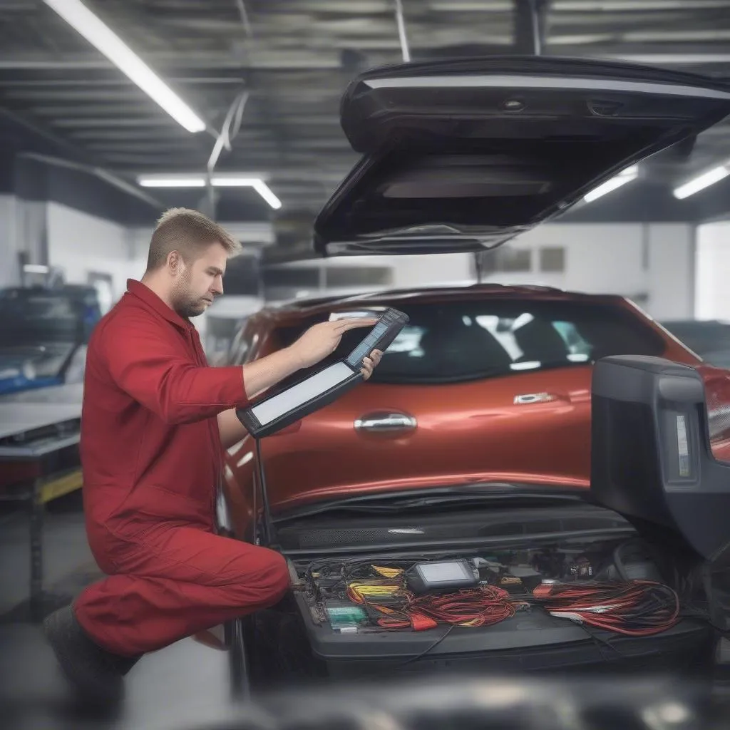 Mechanic using a dealer scanner to diagnose car problems