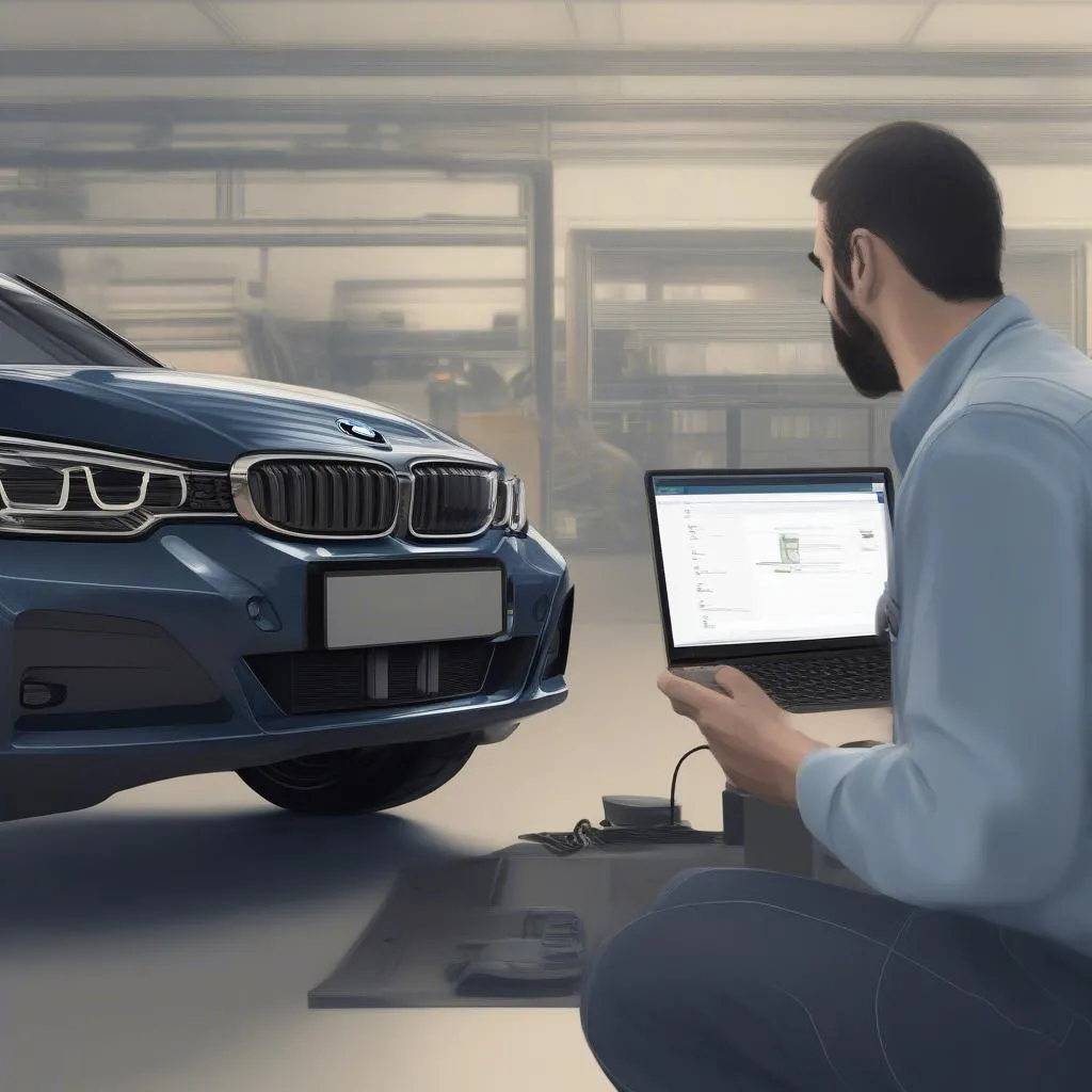 Mechanic using a dealer scanner to diagnose an electrical issue on a BMW 3 Series