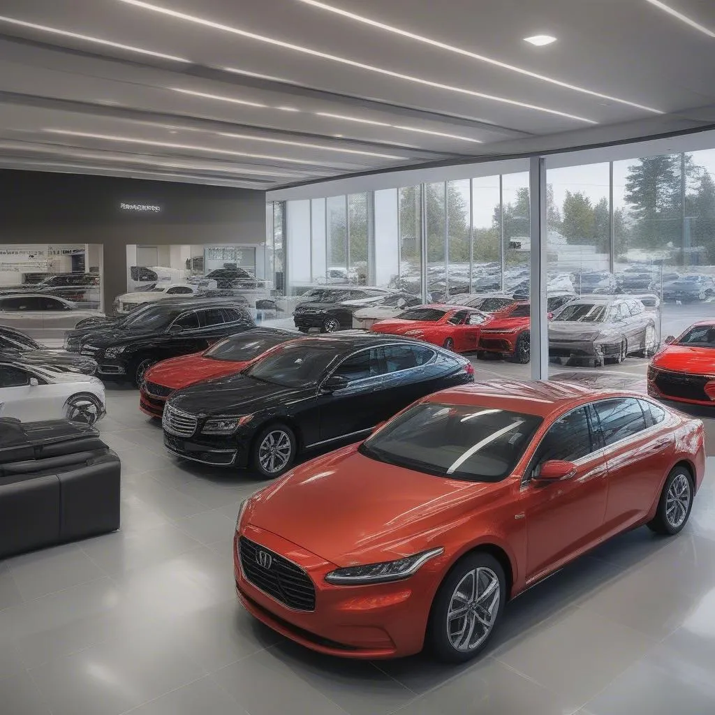 Dealership showroom with cars on display