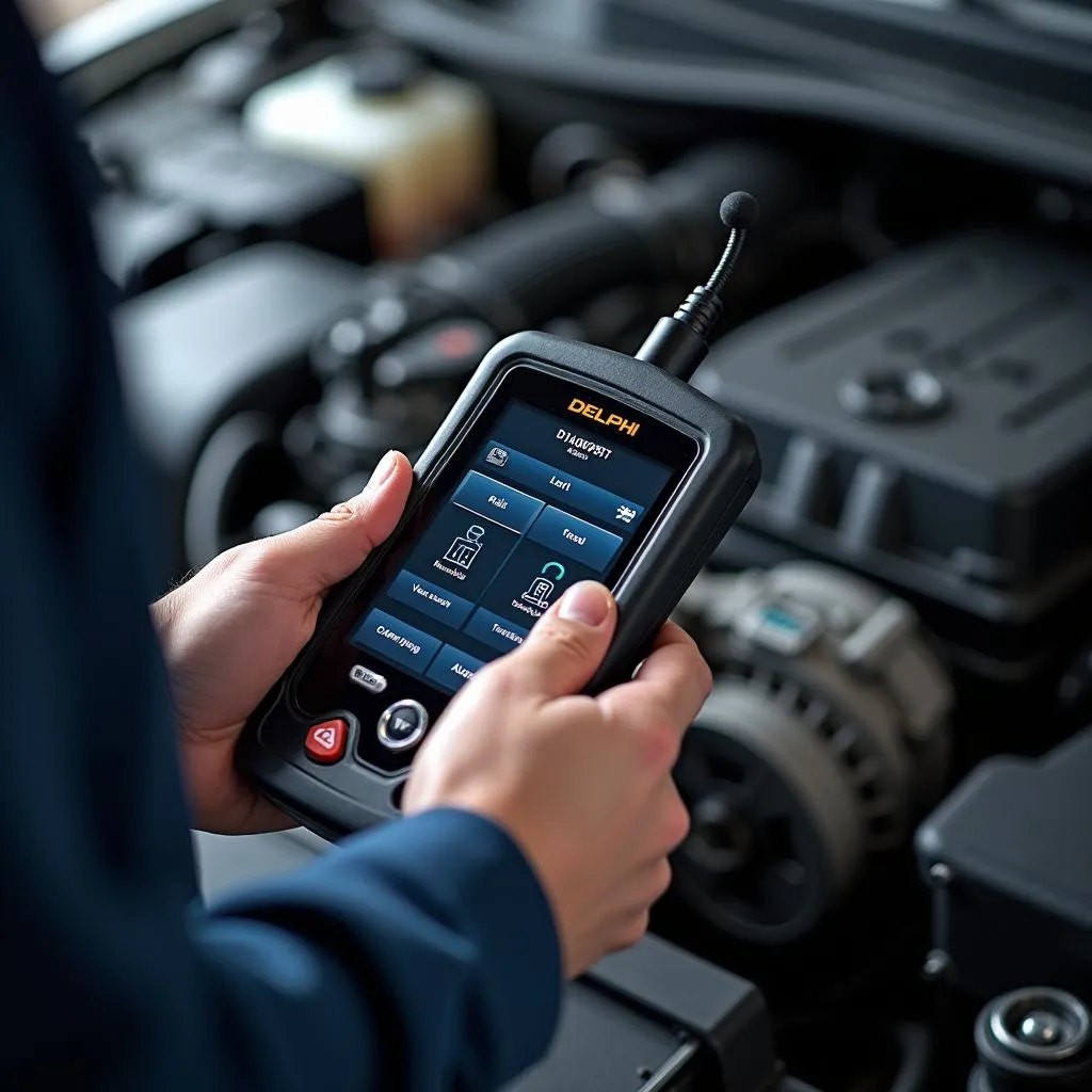 Delphi EFI scanning tool diagnosing a European car