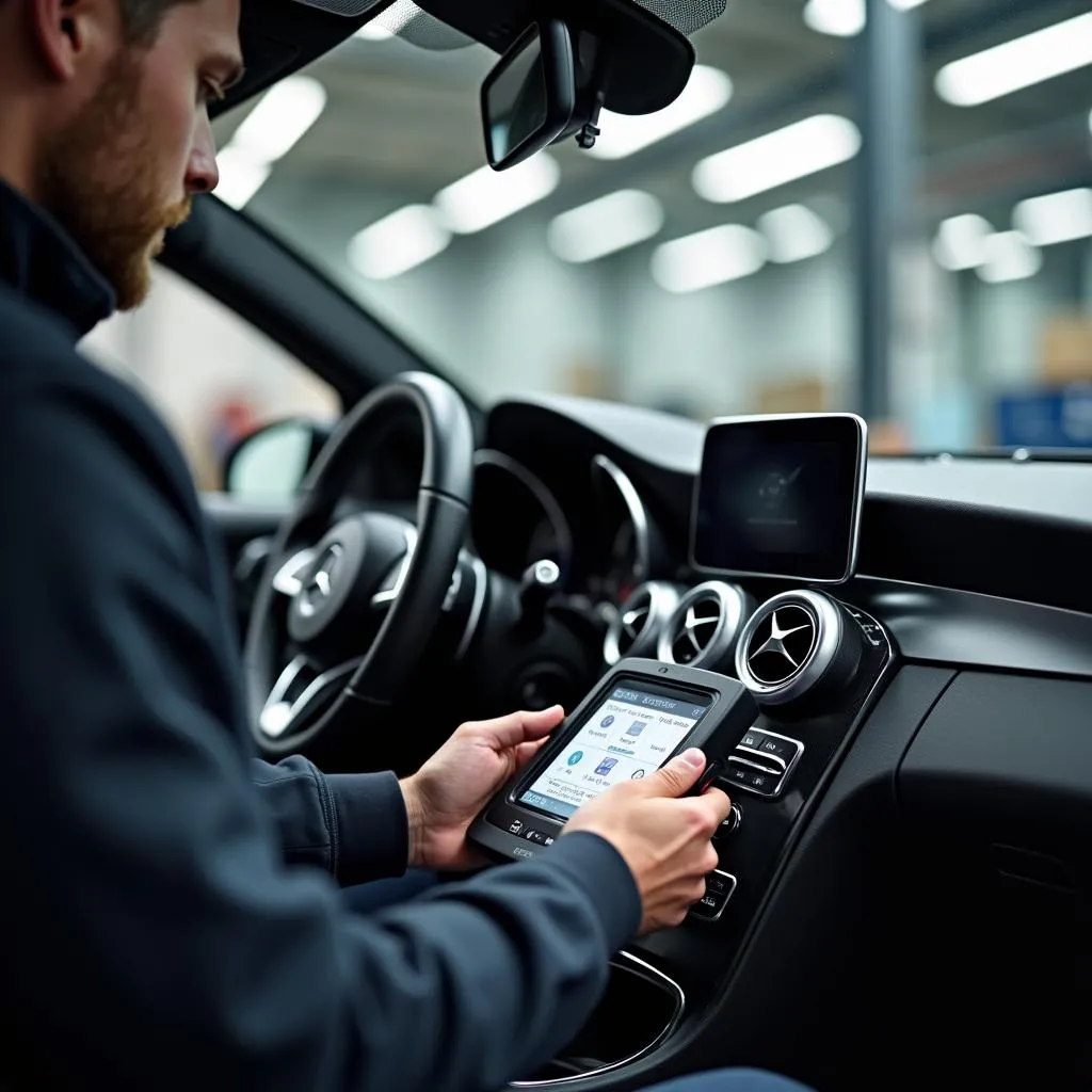 Mechanic connecting a diagnostic scan tool to a car's OBD-II port