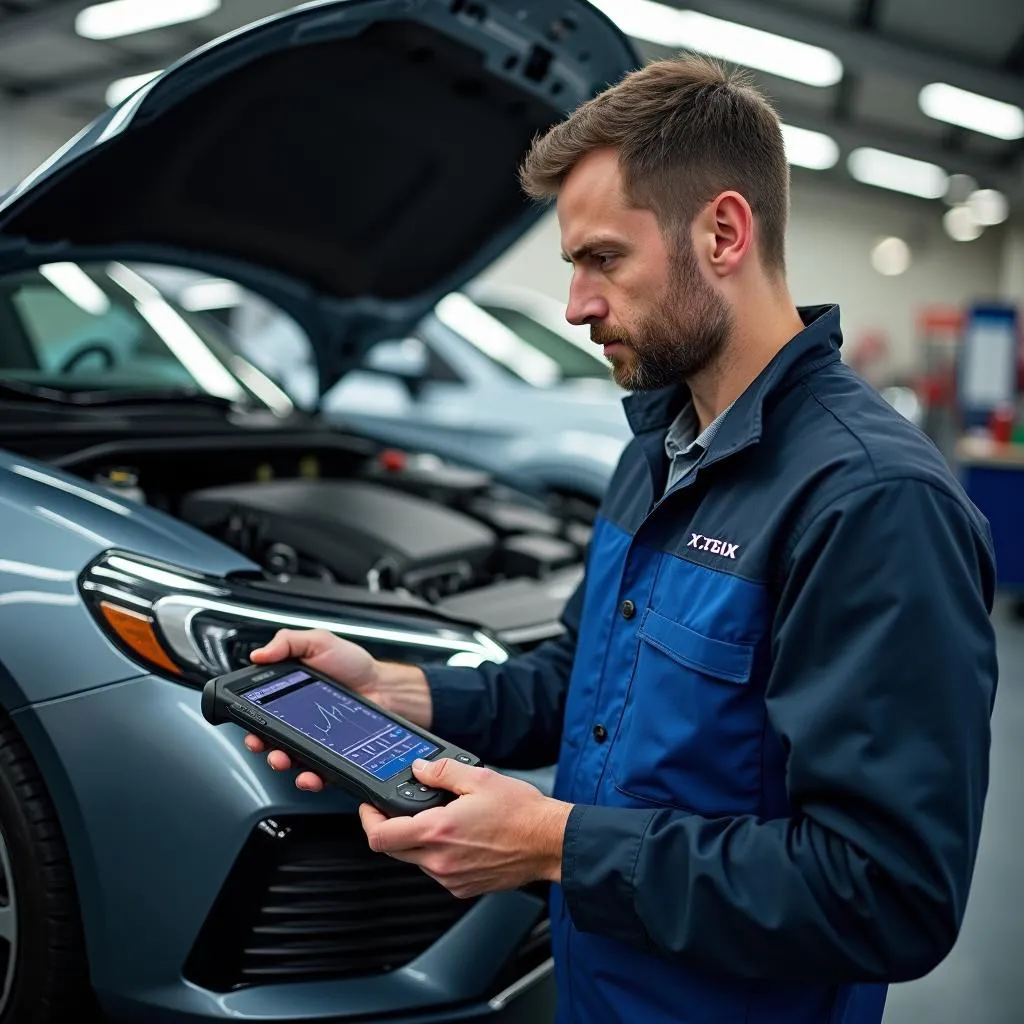 Mechanic Using Diagnostic Scan Tool on a Modern Car in Auto Repair Shop