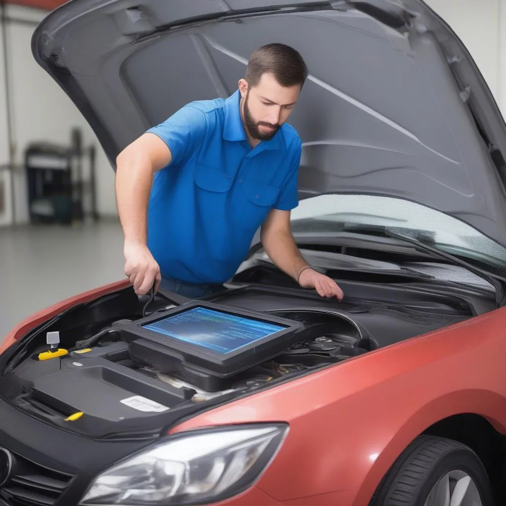 A mechanic in Perth using a diagnostic scan tool on a European car