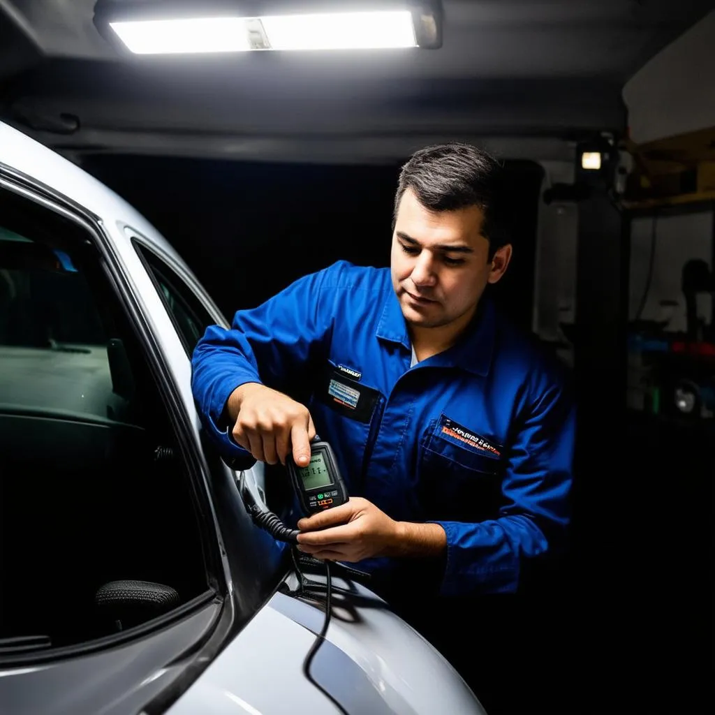 Mechanic using a diagnostic scan tool on a car's dashboard.