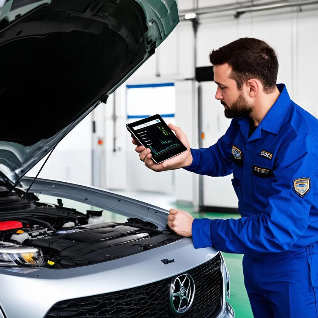 Mechanic using a diagnostic tablet