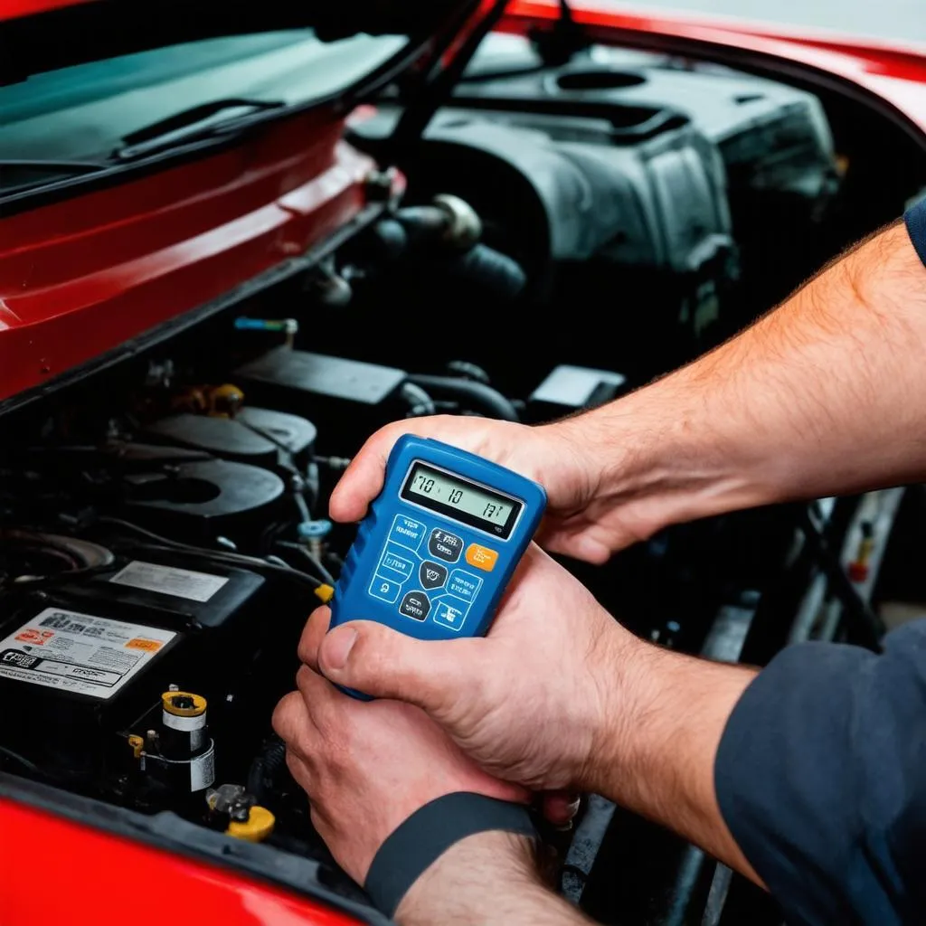 Mechanic using a diagnostic tool on a car