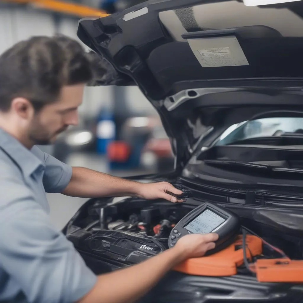 A mechanic using a diagnostic tool to scan a European car