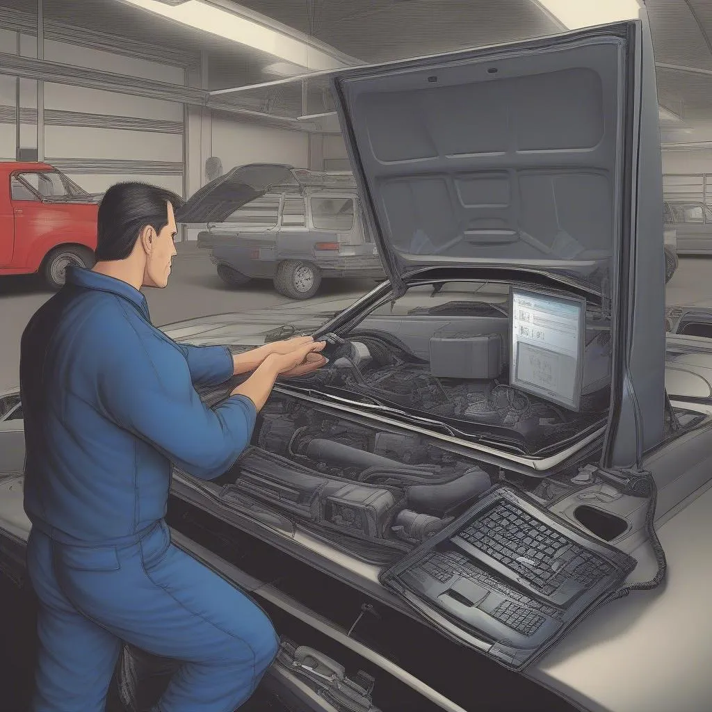 Mechanic using diagnostic computer