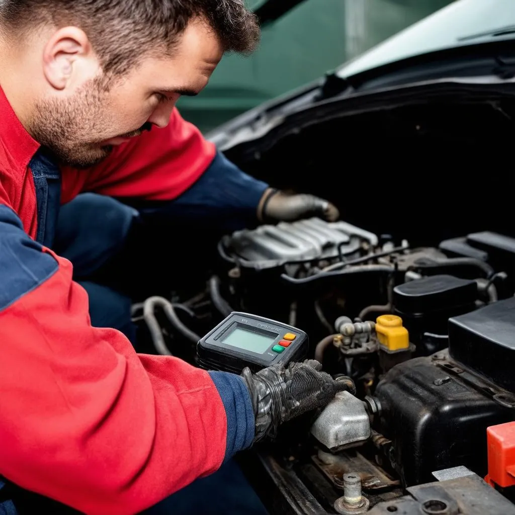 Mechanic using a diagnostic tool