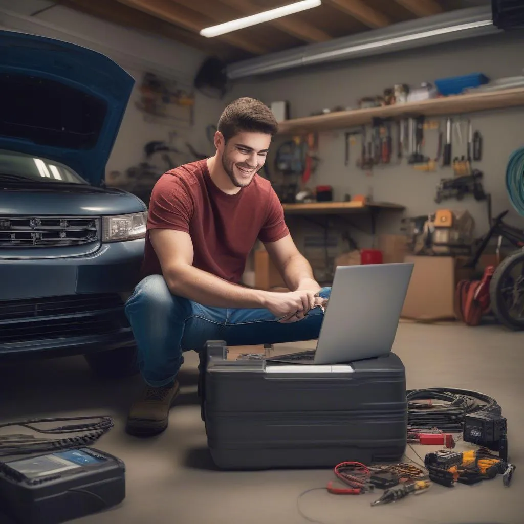 DIY Car Enthusiast Using a Diagnostics Laptop