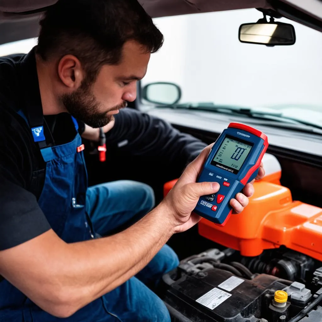 Mechanic using diagnostics tool