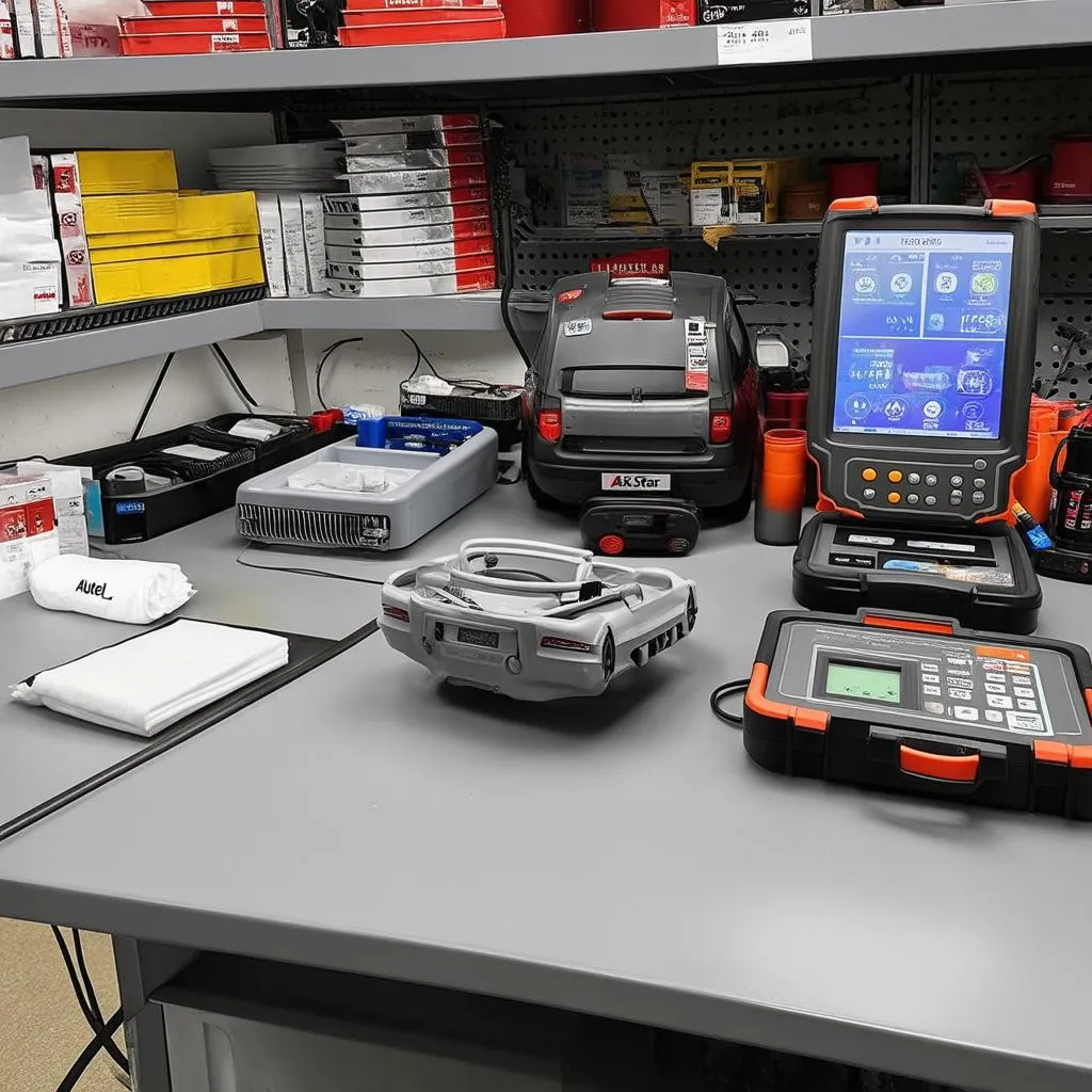 Automotive diagnostics tools and equipment in a workshop