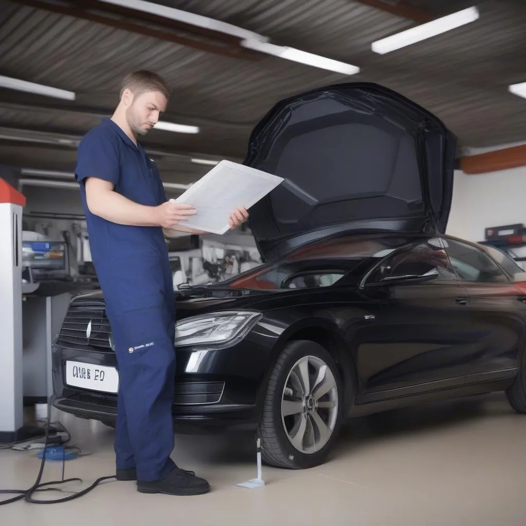 DiagXCar technician using a dealer scanner to diagnose a car problem