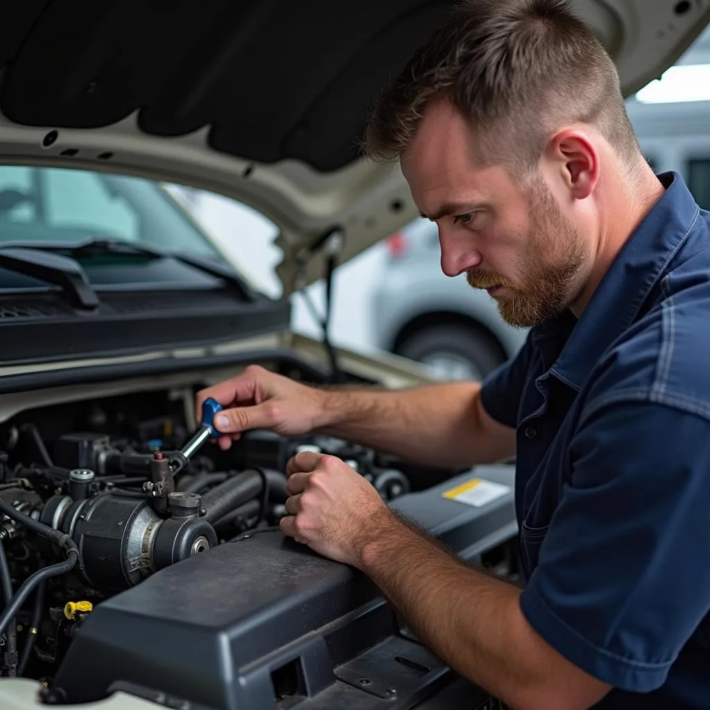 Diesel Mechanic Inspecting Engine