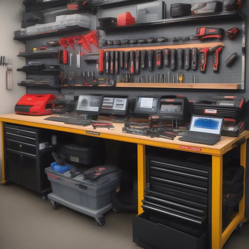 Various Autel scanners displayed on a workbench