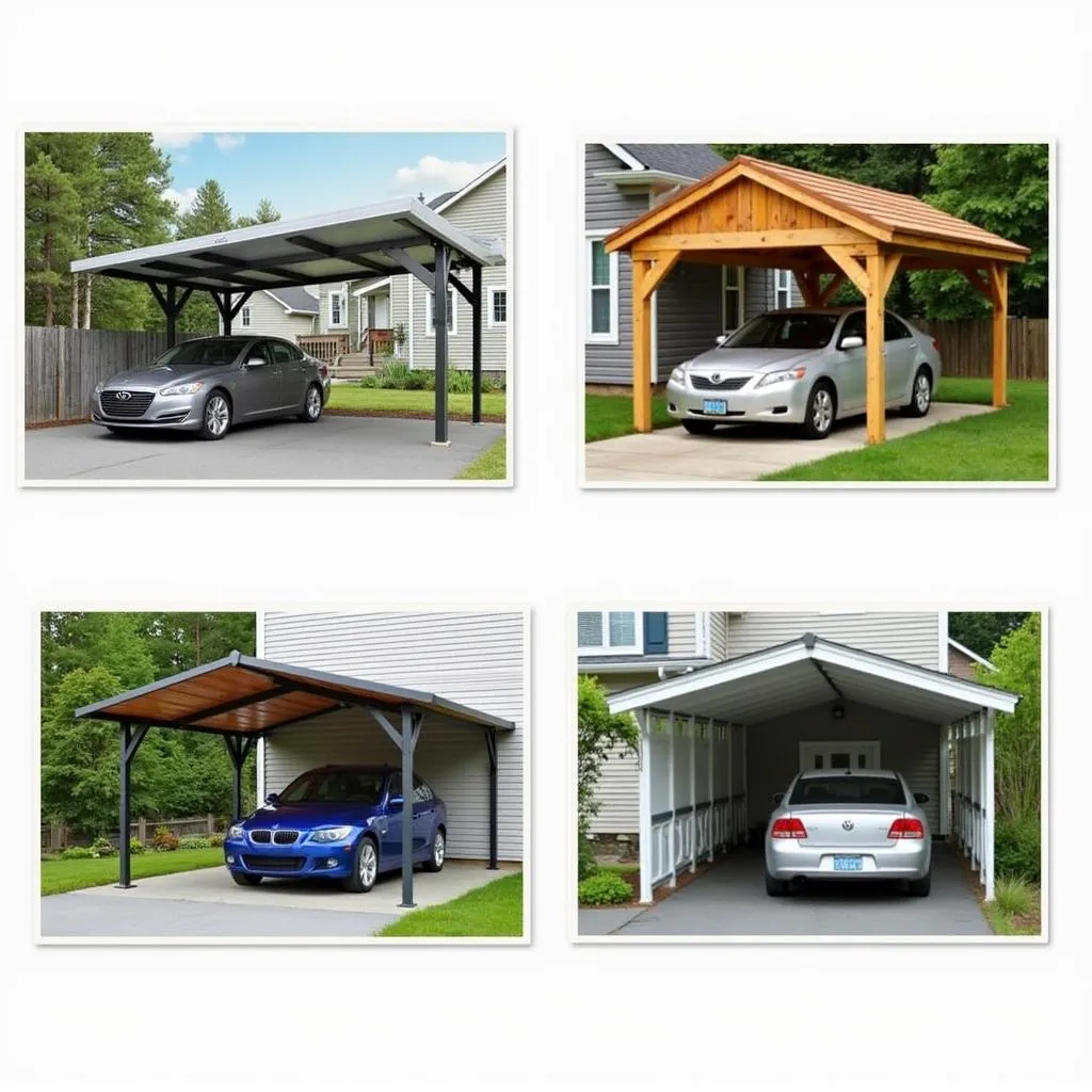 Carports in various styles and materials - metal, wood, single, double.