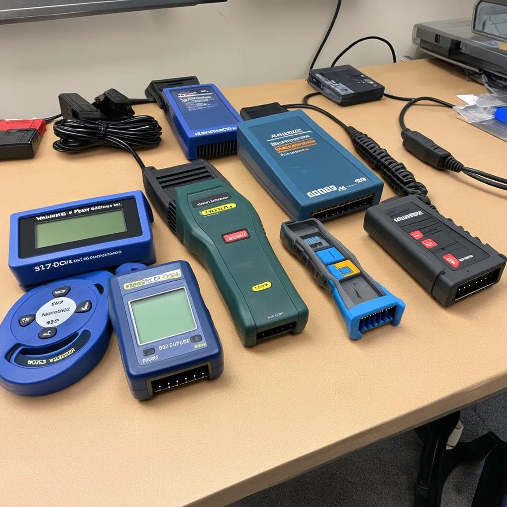 A variety of OBD2 scanners laid out on a table.