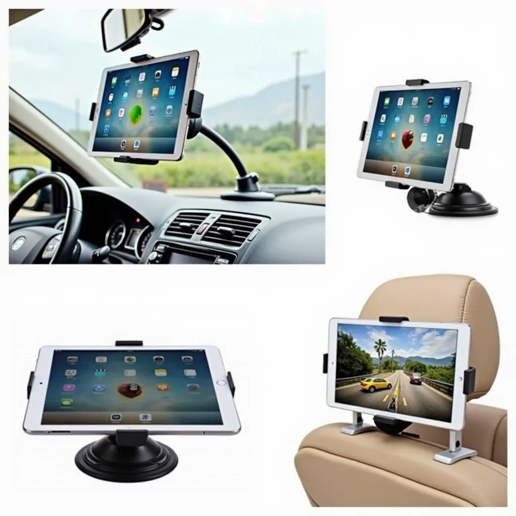 Different types of car tablet holders mounted on a car's windshield, dashboard, and headrest