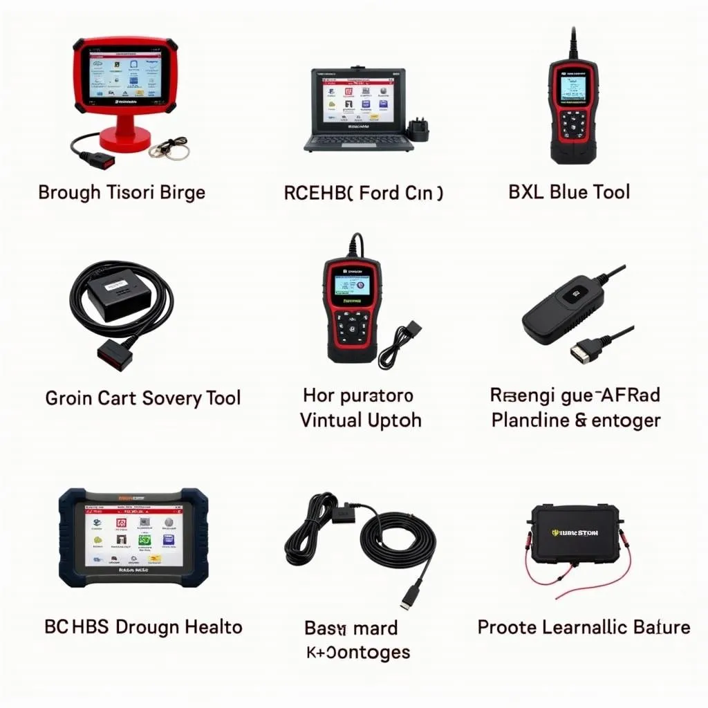 Various ABS and airbag scan tools laid out on a workbench