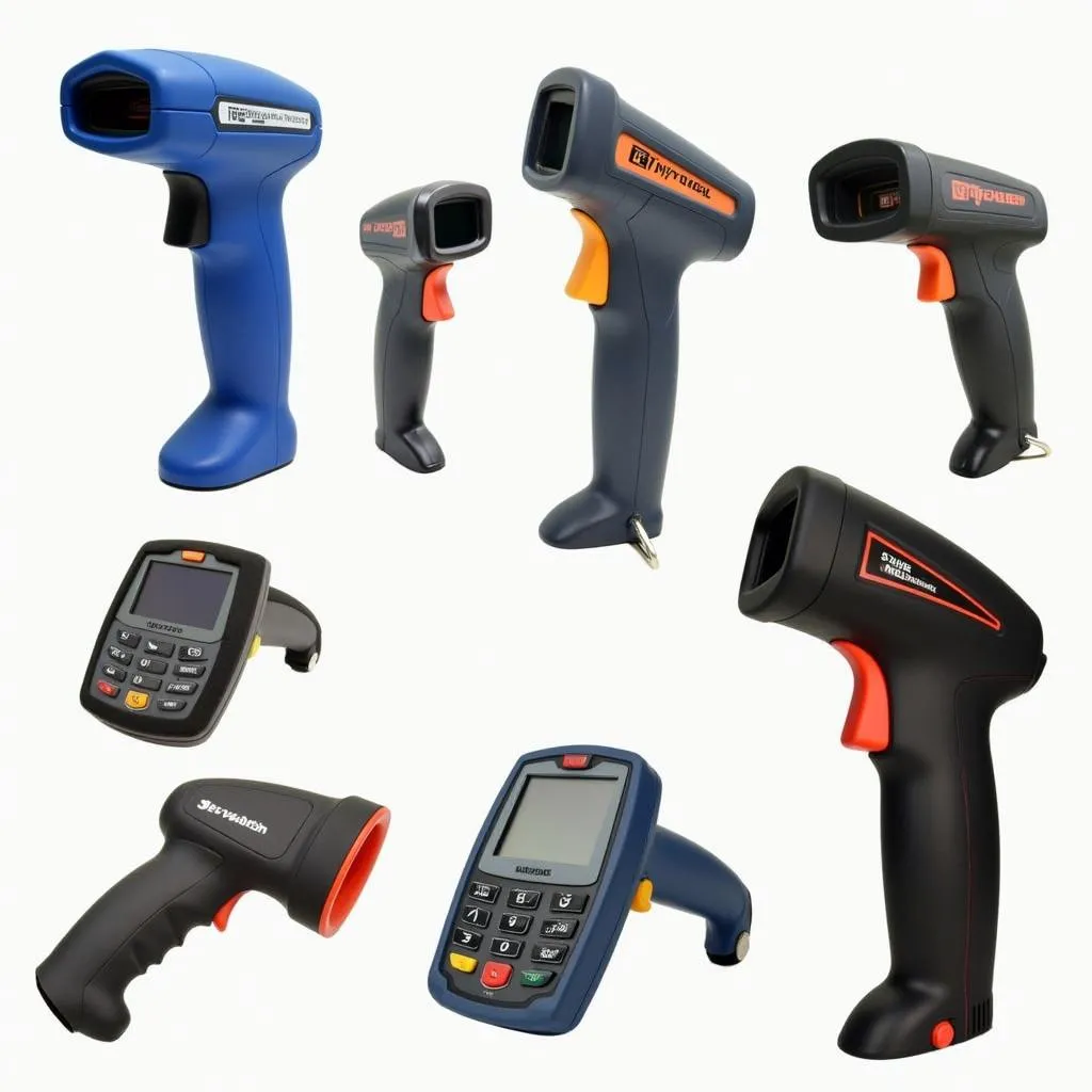 Various auto scan tools displayed on a workbench