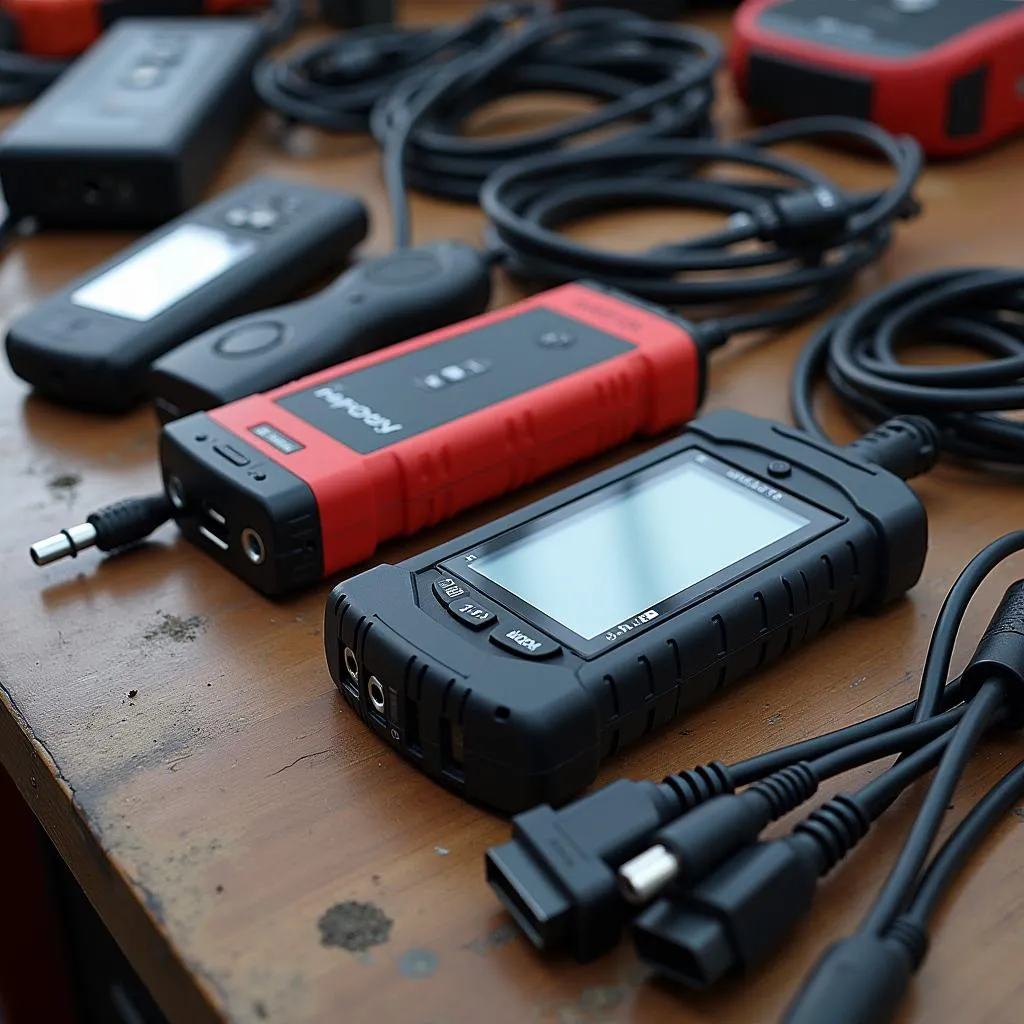  Various types of auto scan tools for Asian car diagnostics are displayed on a workbench.