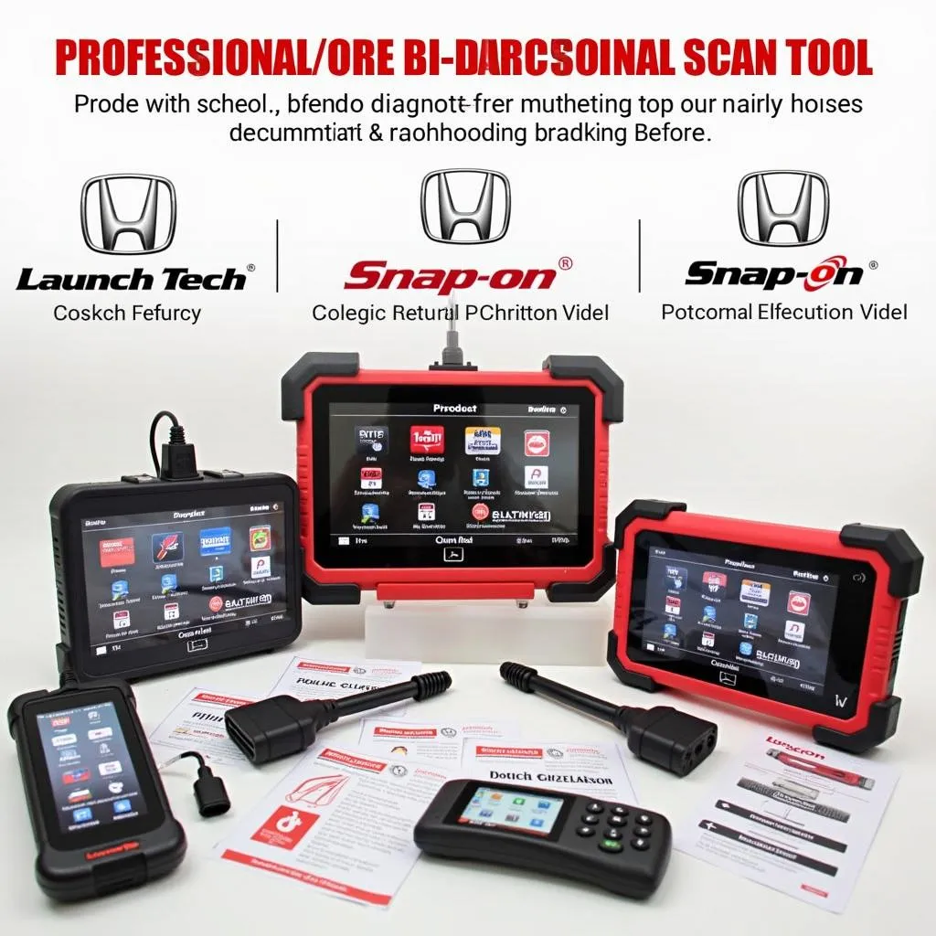 A selection of bi-directional scan tools for Honda vehicles displayed on a workbench.