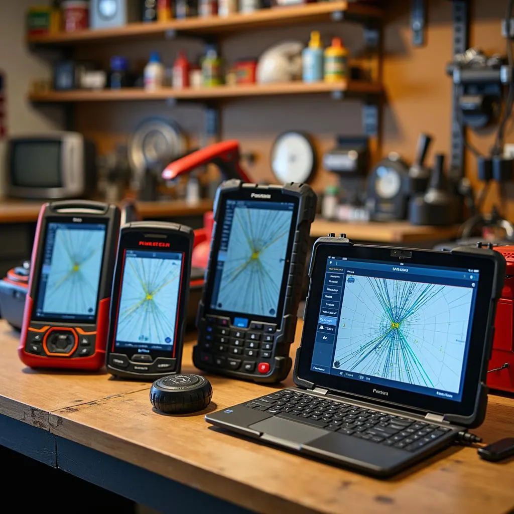 A collection of various bidirectional scan tools on a workbench