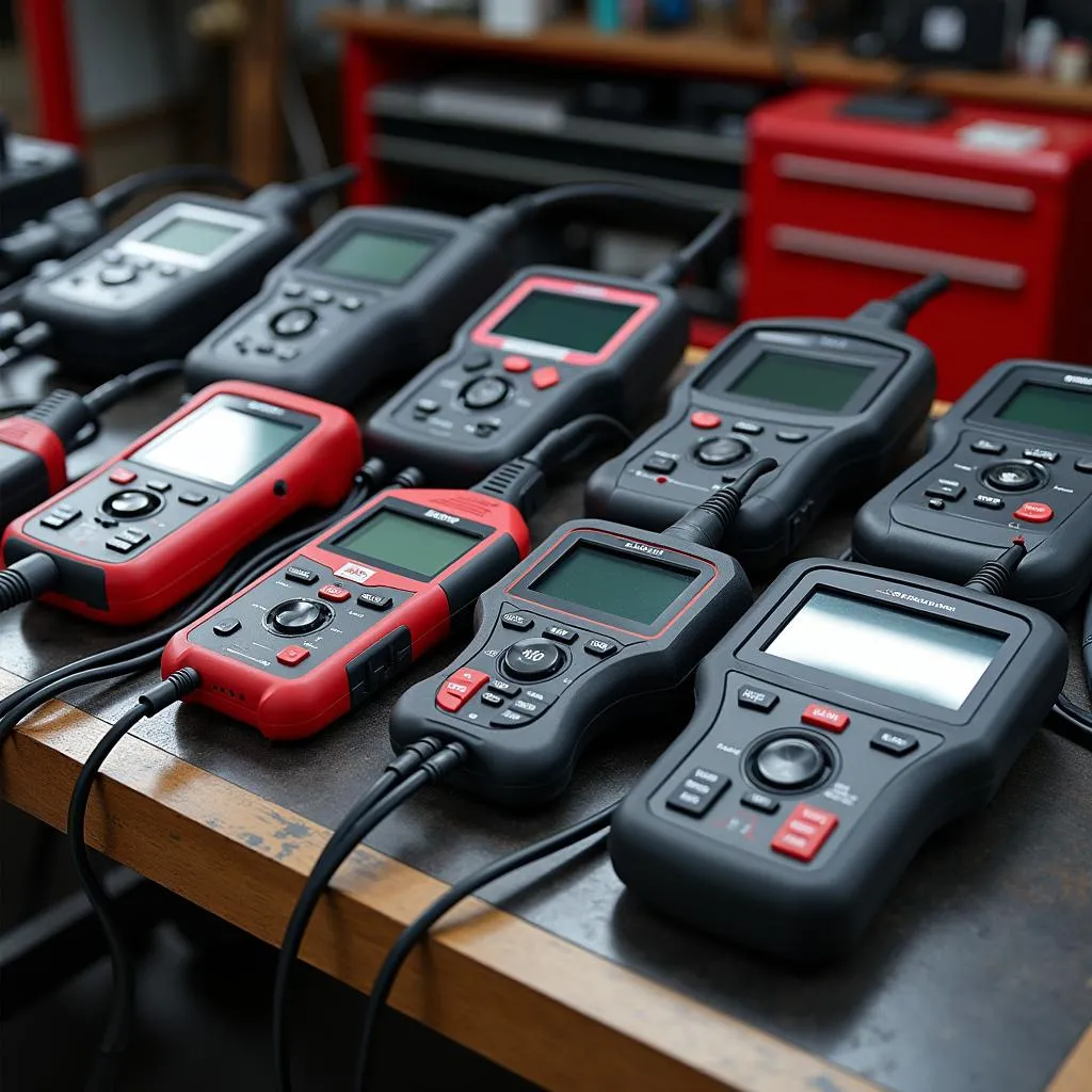 Various types of automotive diagnostic scan tools on a workbench.