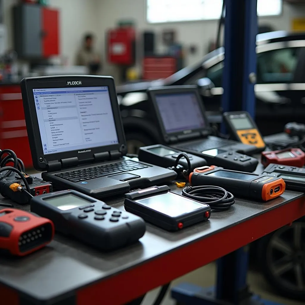 Various Car Diagnostic Scanners Displayed on a Workbench