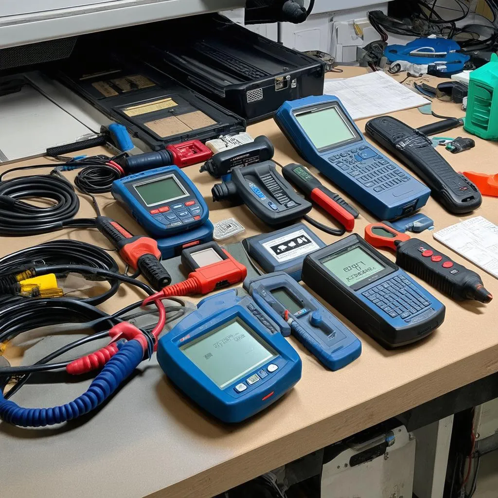 A variety of diagnostic tools spread out on a workbench