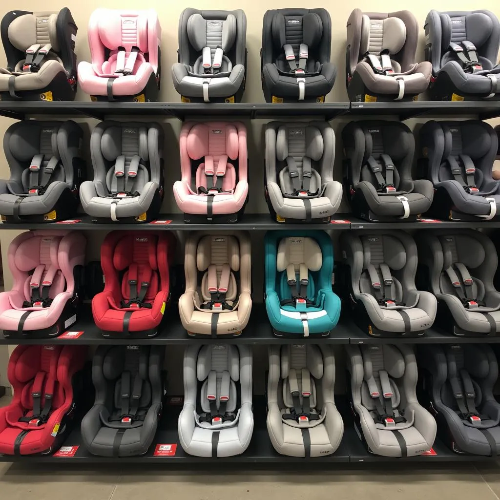 Various infant car seats on display.