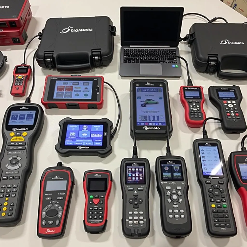 A variety of Digimoto scan tools are displayed on a workbench.