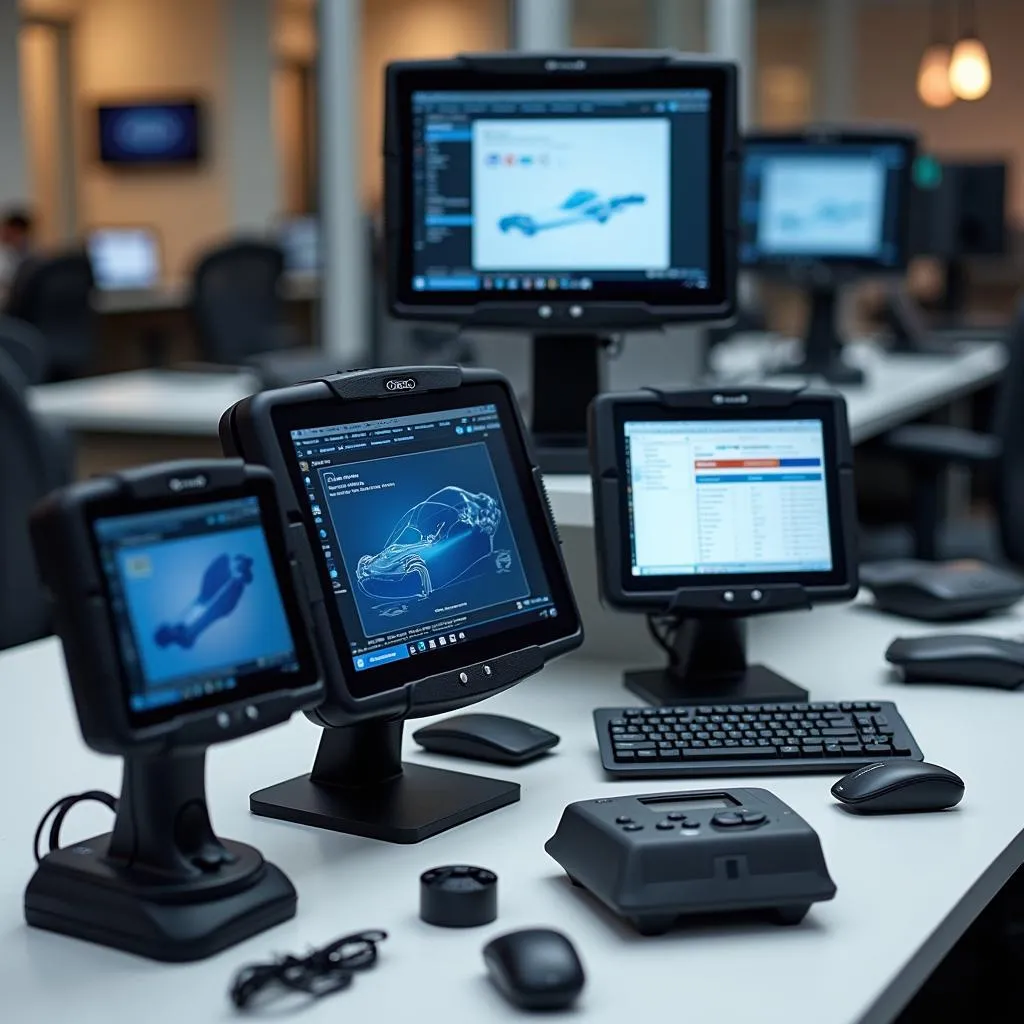 Various Ford scanning tools displayed on a table