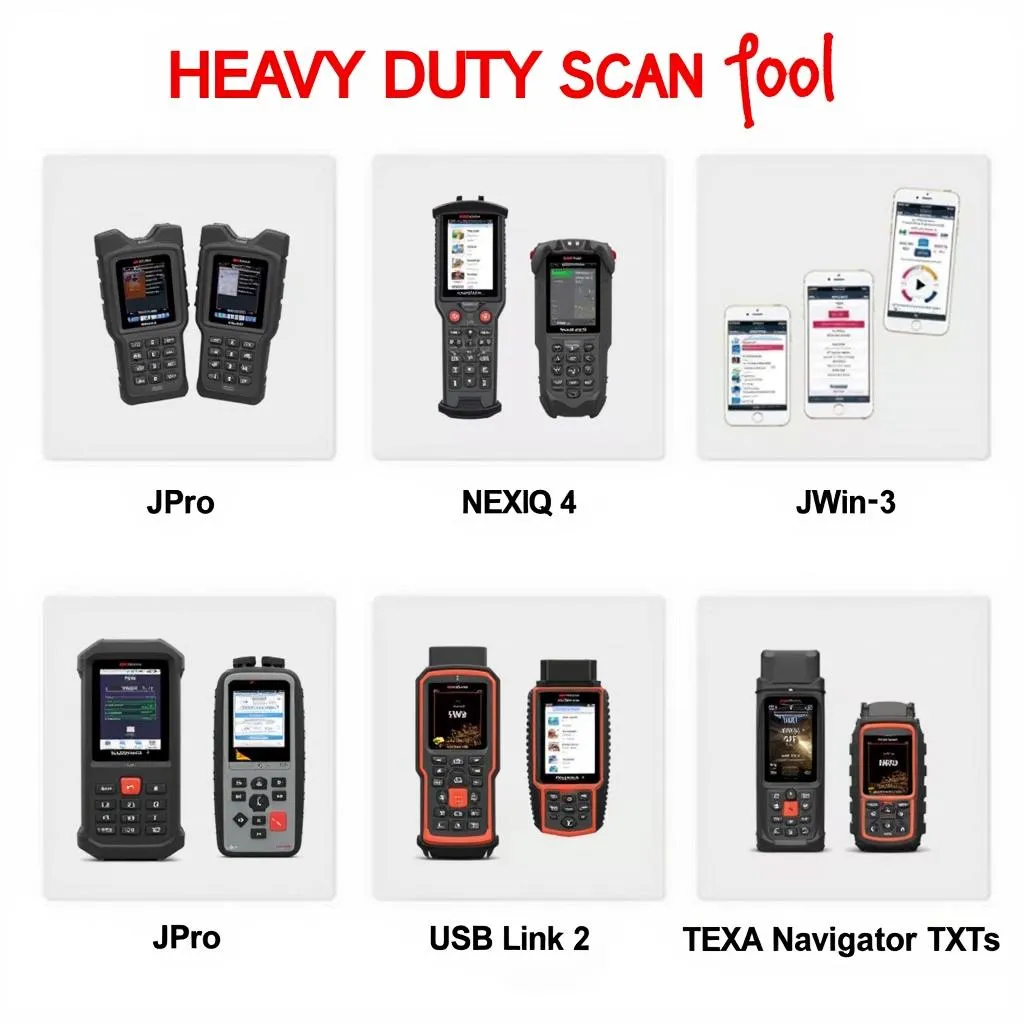 Various heavy-duty scan tools on a workbench