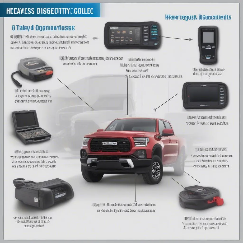 A table showcasing a variety of heavy equipment scan tools, each labeled with their brand and key features.