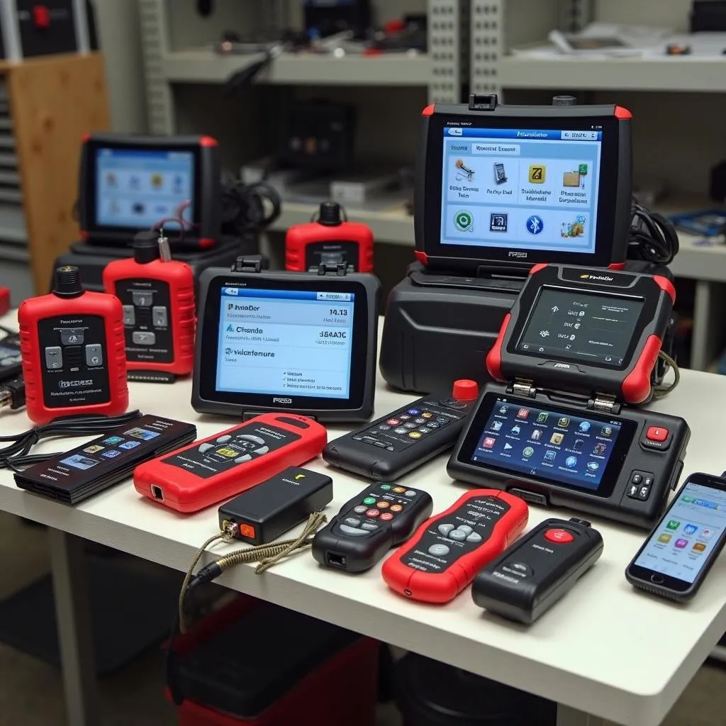 Various Honda Acura SRS scan tools on a workbench