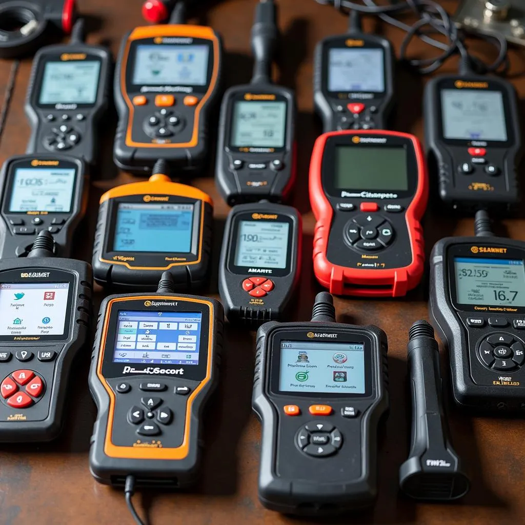 Various marine engine diagnostic scan tools displayed on a workbench