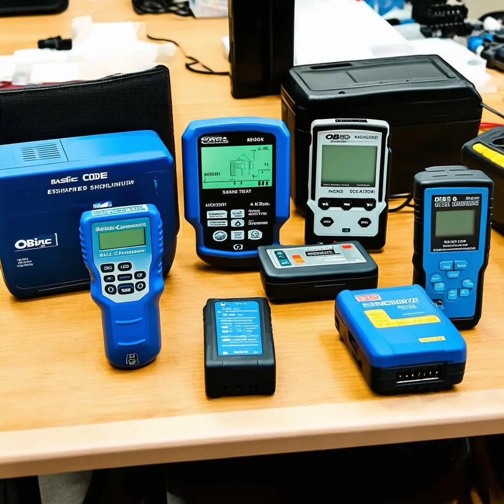 Various OBD scanners displayed on a table.