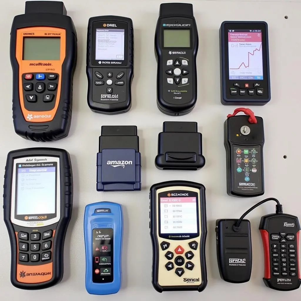 A variety of OBD-II scan tools are displayed on a workbench, showcasing the range of options available to car owners and mechanics.