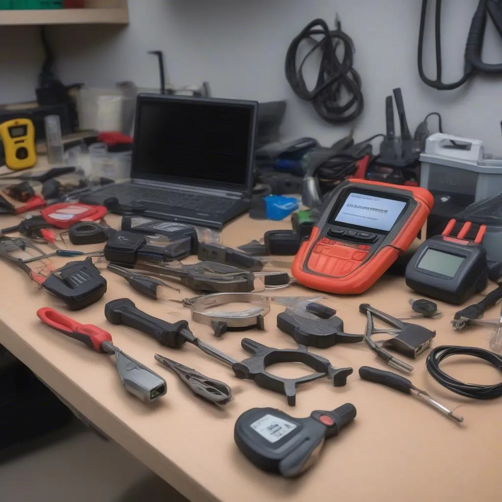 Various OBD1 scan tools laid out on a workbench