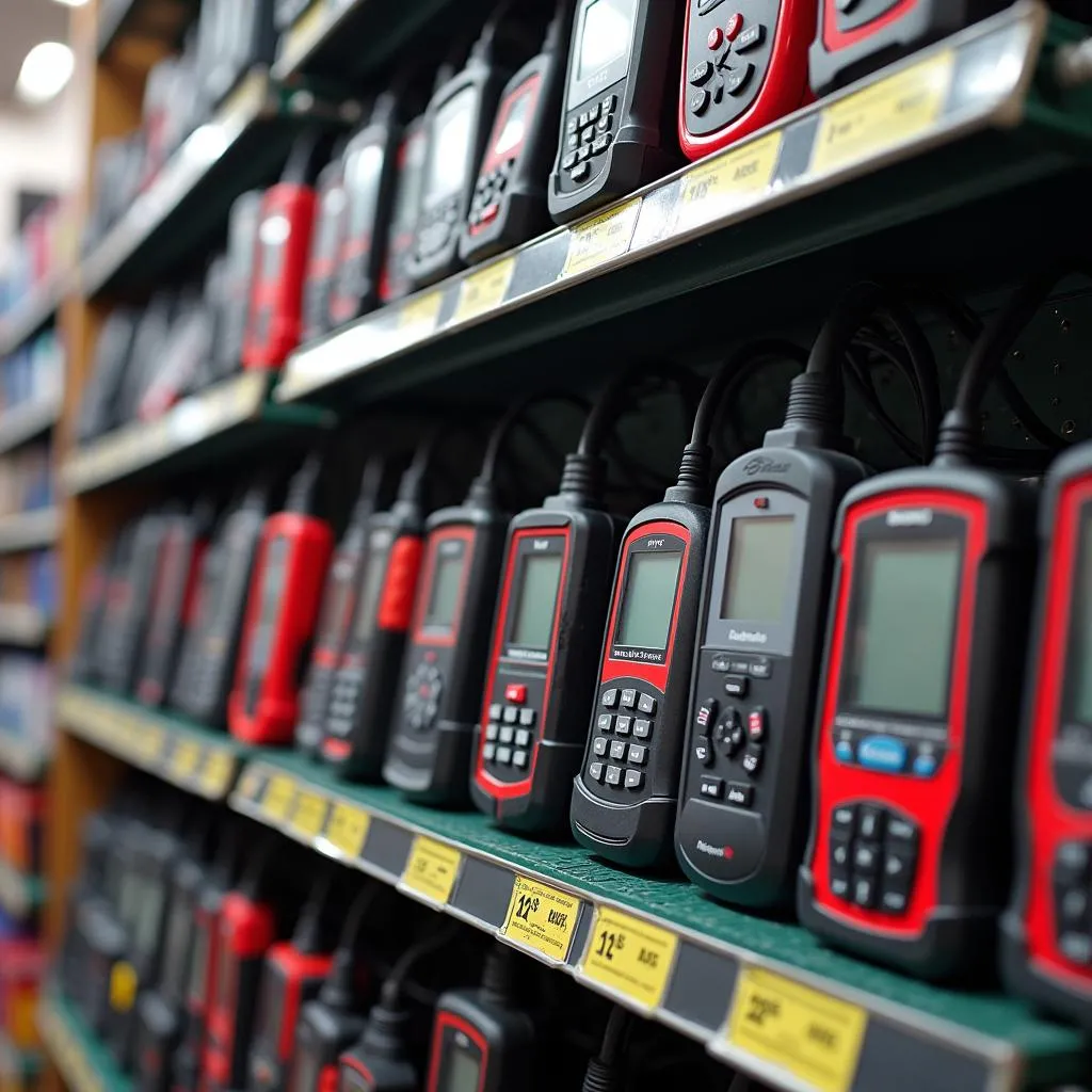 Various OBD2 scan tools displayed on a shelf