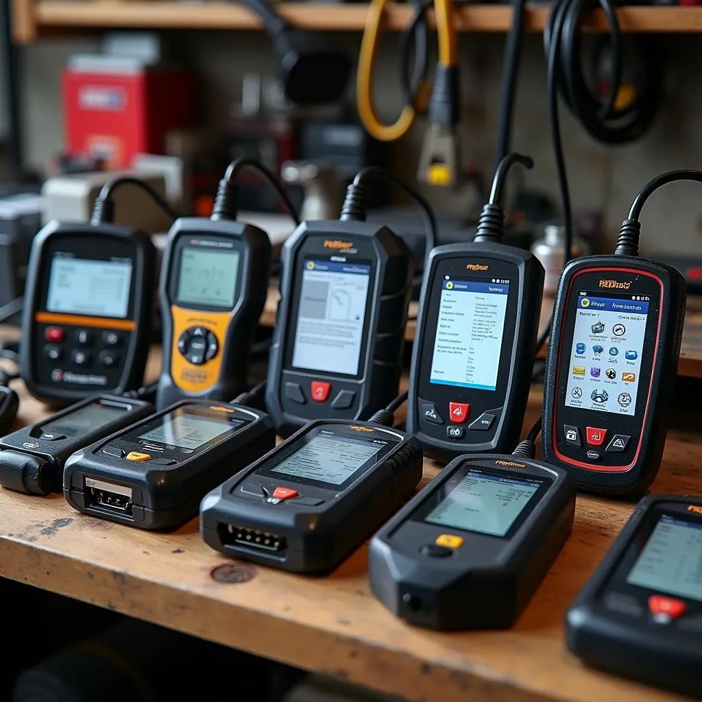 Various OBD2 Scanners on a Workbench