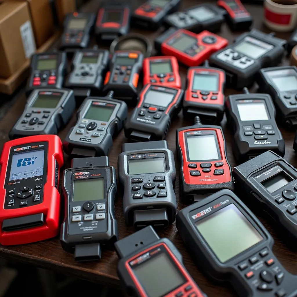 An assortment of OBD2 scanners laid out on a workbench