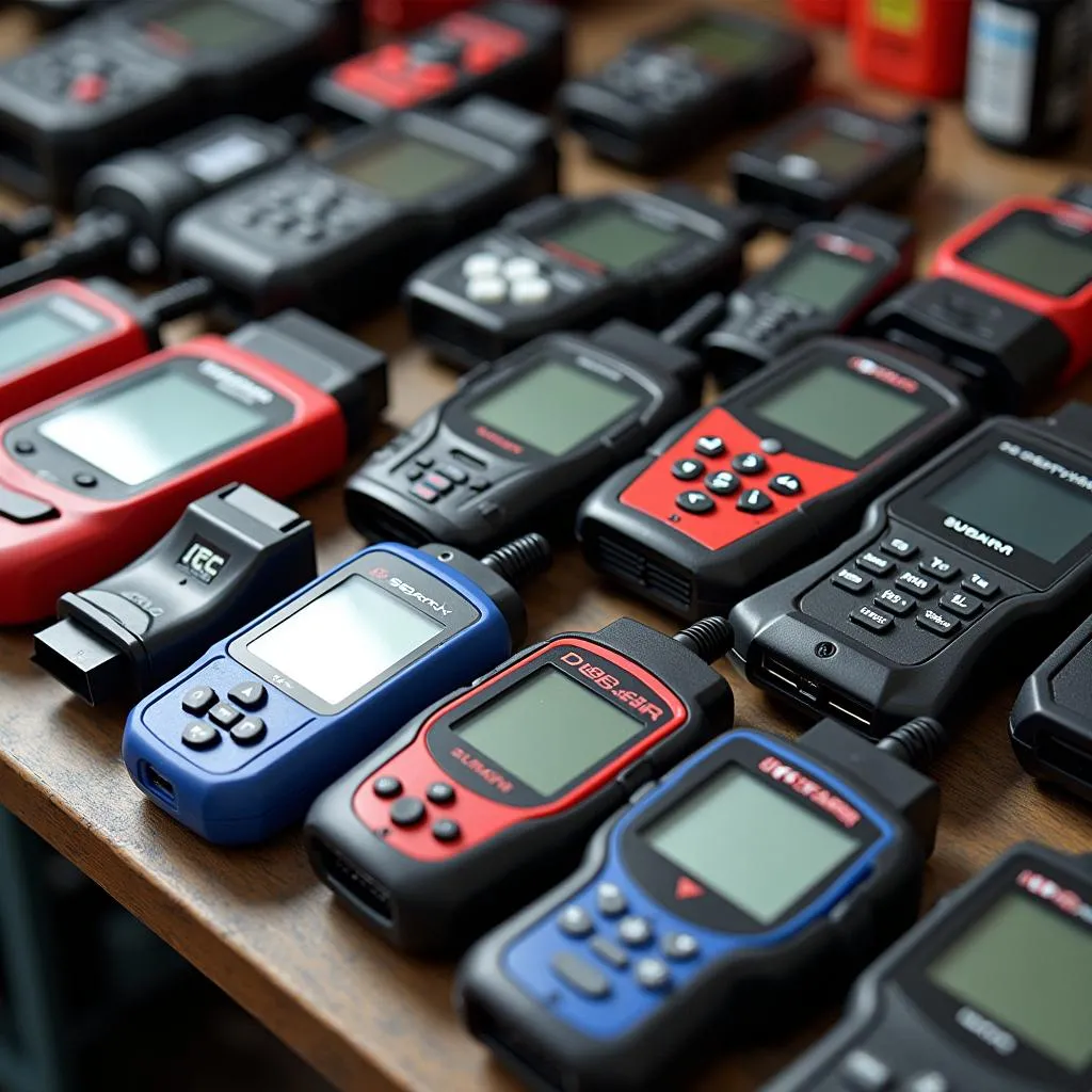 Various OBD2 scanners displayed on a workbench